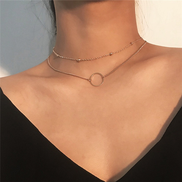Fashion Chain Choker Necklace Two Layers Round Circle Short Necklaces for  Women Choker Neck Jewelry