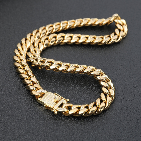 Details about   Miami Cuban Link Chain 14k Gold Plated Stainless Steel BLINGED OUT Diamond Clasp