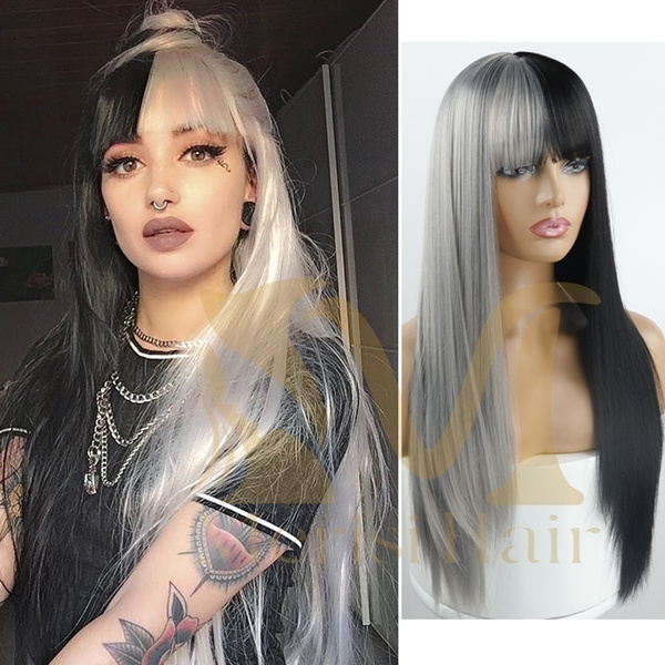 half black half grey wig