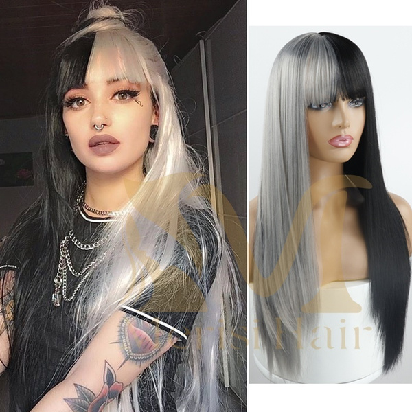 Half Colors Hair Grey And Black Long Straight Hair With Bangs Fashion Wig For Women Wish Half Colors Hair Grey And Black Long Straight Hair With Bangs Fashion Wig For Women Wish