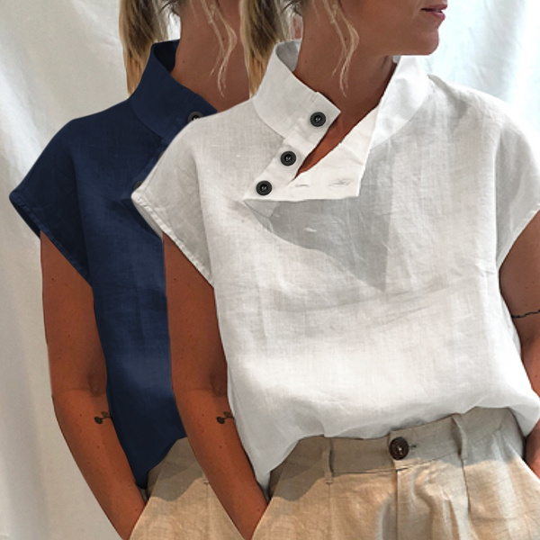 Summer Women Batwing Short Sleeve Blouse Cotton Linen High Neck Casual  Loose T Shirt Plus Size Tops