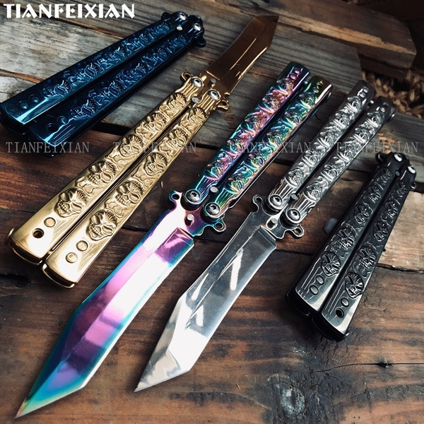 Download Hot Butterfly Knife Balisong Trainer Lover 3d Skull Engraved Stainless Steel Practice Training Butterfly Knives Sharp Blade Defense Survival Knives Wish