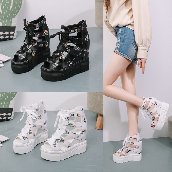 Sgh New Fashion  Women Open Toe Platform Hollow Casual Sneakers Wedge Shoes 