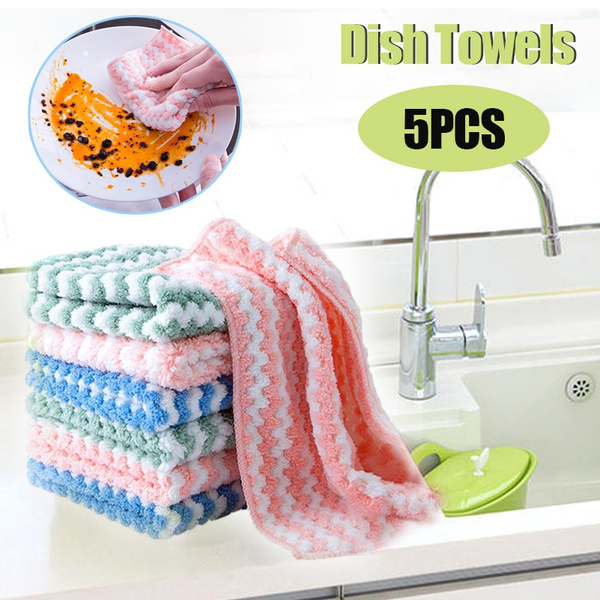 1/5pcs Coral Velvet Dish Towel, Hanging Loop Rag, Non-stick Oil Dish Cloth,  Double-sided Absorbent Thickening Scouring Pad, Kitchen Cleaning Appliance
