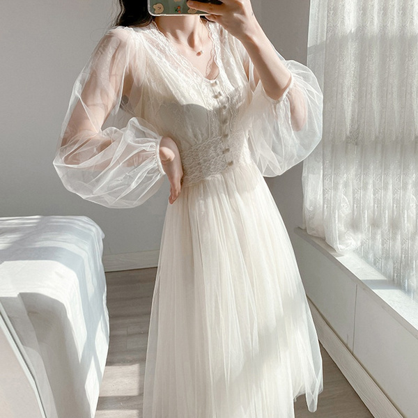 Girl Fairy Mesh Chiffon Long Puff Sleeve V-neck Dress Midi | Wish