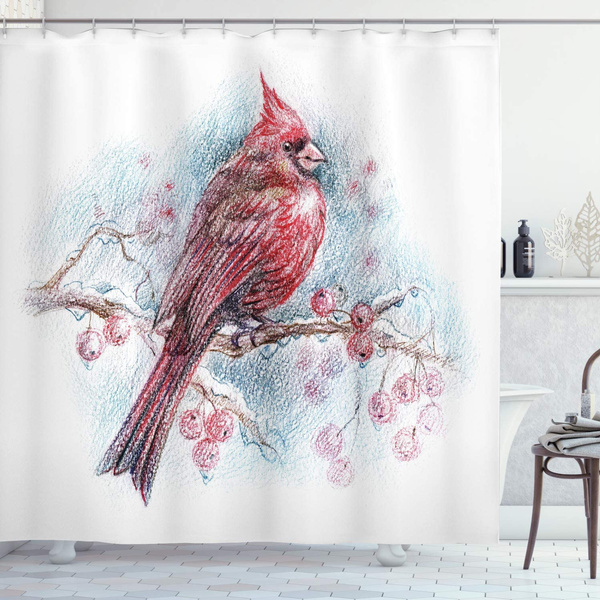 Shower Curtain Red Bird On A Branch With Holly Berries Perching Avian Animal Hand Drawn Design Cloth Fabric Bathroom Decor Set Hooks 72 Long Blue Wish Cloth Fabric Bathroom Decor, Cardinal Shower Curtain Hooks