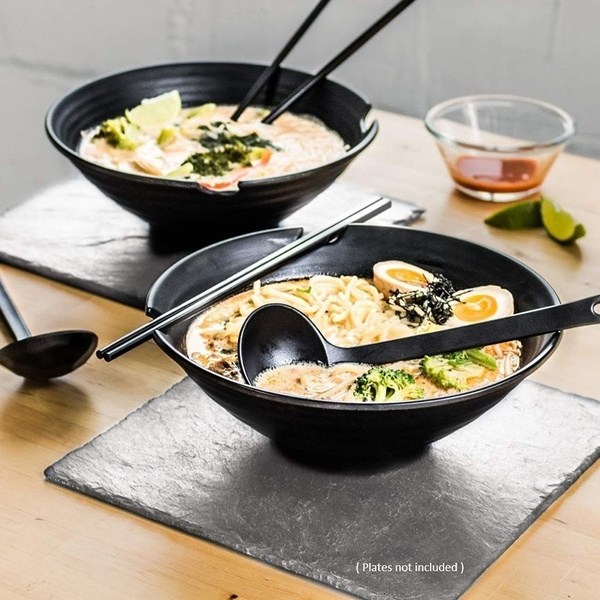 2 x Ramen Bowl Set (Black Melamine), 6Pcs Japanese Style Soup