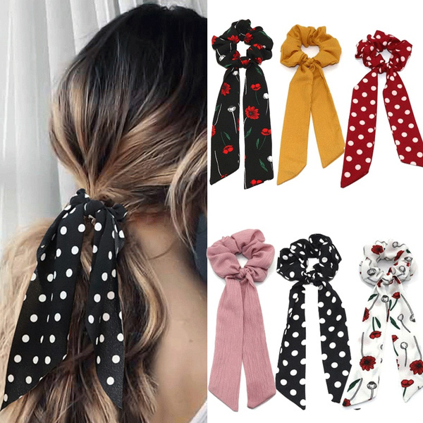 Flower Print Hair Ribbon Scarf Hair Bands Bow Ties Scrunchies Ponytail  Elastic Hairbands Rope for Women