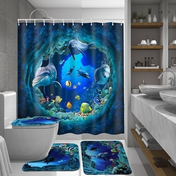 Undersea Deep Sea Dolphin Bathroom Shower Curtain Waterproof Toliet Floor Mat ！ 