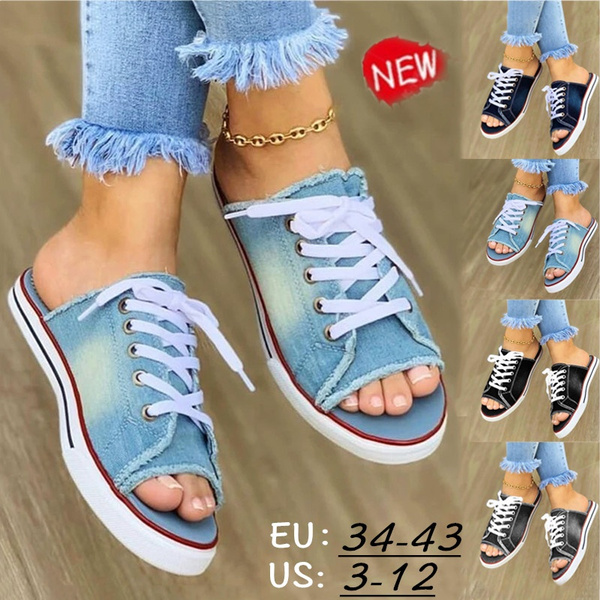 New 2020 Spring Summer Women Canvas Shoes Flat Sneakers Denim Loafers Open  Toe Sandals Women Casual Shoes Low Upper