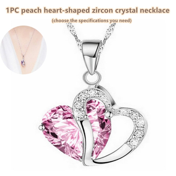 Necklace Silver Jewelry Peach Heart Shaped Zircon Crystal Necklace Clavicle Chain Rhinestone Silver Pendant Jewelry Crystal Necklace Heart Shaped Crystal Necklace Wish