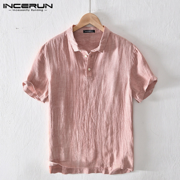 Mens Solid Casual Linen Breathable Fabric Collarless Shirt Short Sleeve T Shirt