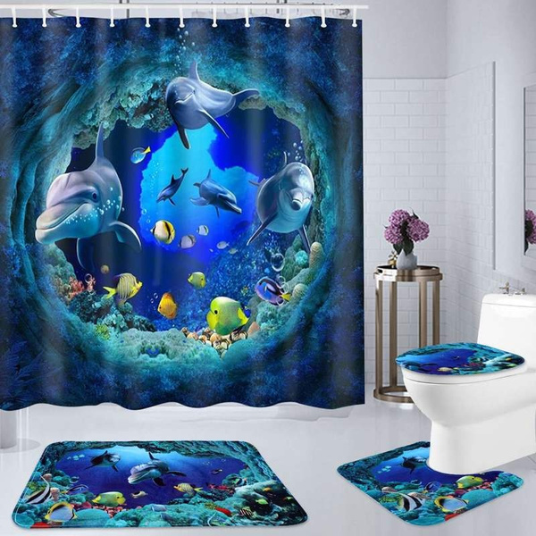 Bathroom Decor Blue Ocean Dolphin Deep Sea Shower Curtain Waterproof Pedestal Rug Lid Toilet Cover Bath Mat Wish - Navy Blue Toilet Seat Cover Set