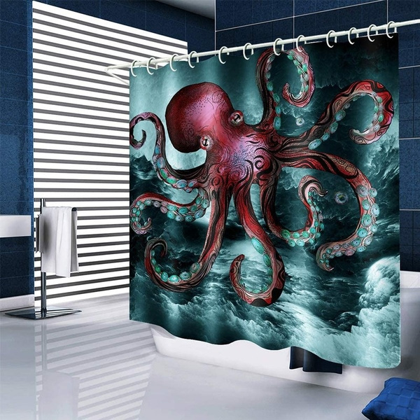 Shower Curtain Cloth Fabric Bath Decor, Octopus Shower Curtain Hooks