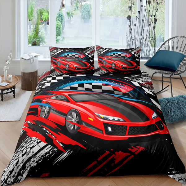Sports Car Bedding Set Full Size Racing Car Comforter Set 3 Pcs for Kids Teens Adults Extreme Sport Duvet Insert Bedroom Decor Soft with 2 Pillowcases 