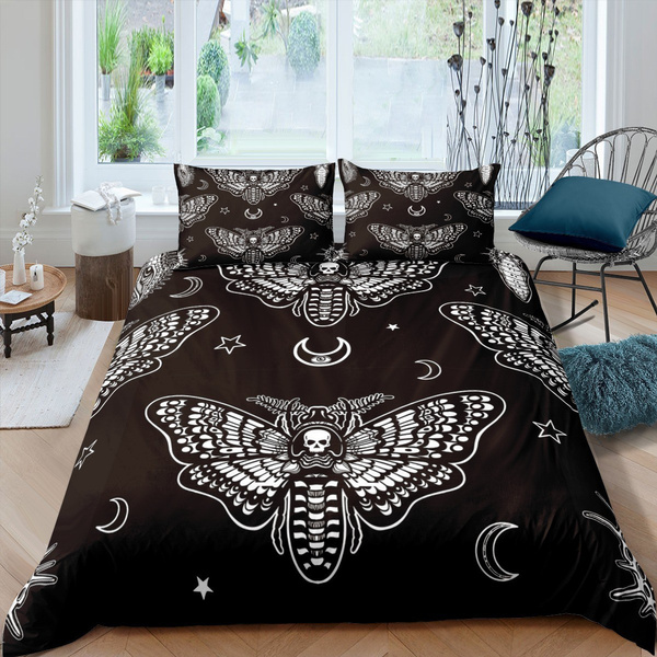 Skull Comforter Cover Set Queen Size Moth Printed Gothic Style Duvet Cover For Teen Boys Kids Sugar Skull Pattern Botanical Floral Decor Gray White Black Soft Microfiber Bedding Set With Zipper Ties