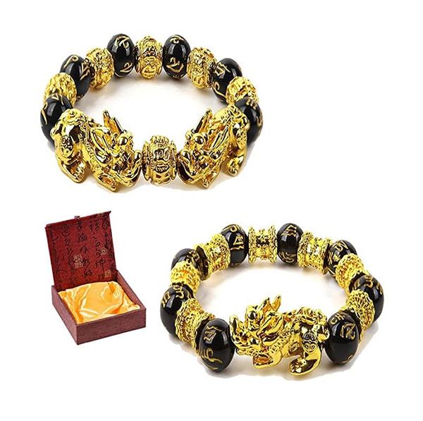 2 Pieces Feng Shui Bracelets Mantra Amulet Bead Obsidian Bracelets with Gold Plated Pi Xiu/Pi Yao for Women Men Adjustable Elastic Good Luck Wealt 