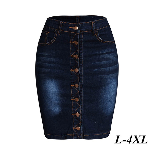 Plus Size L 4XL Women Denim Skirt Spring Summer Autumn Fashion Casual Sexy Slim Bodycon High Waist Pencil Hip Button Jean Skirt Dark Blue