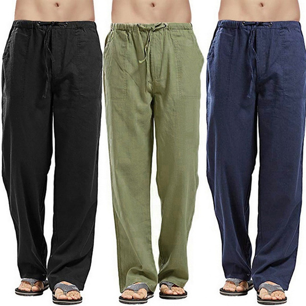 Mens Linen Trousers Casual Elastic Waist Summer Beach Loose Yoga Trousers  Beige M : Amazon.co.uk: Fashion