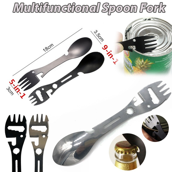 Outdoor Survival Tools 5 In 1 Camping Multi-functional Edc Kit Practical  Fork Knife Spoon Bottle-can Opener Tableware Ns2