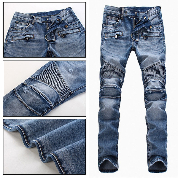 New Hot Mens Distressed Biker Jeans Straight Slim Motorcycle Denim ...