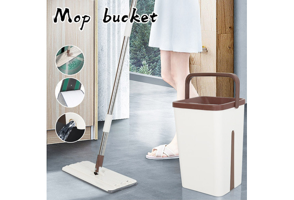 New Flat Squeegee Mop and Bucket Hand-Free Wringing Floor Cleaner Easy Self  Cleaning Dry Wet Dual Use with 2pcs Washable Mop Pads