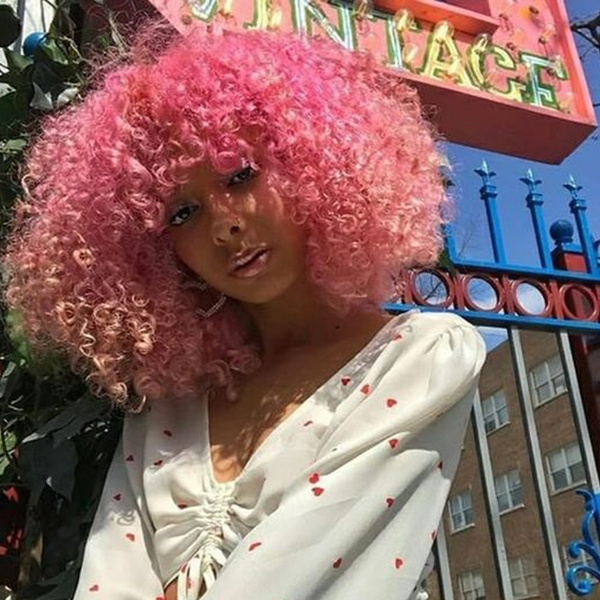 Pink Synthetic Short Afro Curly Hair with Bangs for Women's Cosplay Party  Wigs | Wish