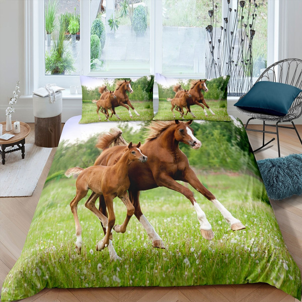 Feelyou Horse Bedding Set Full Size Six Running Wild Horses Pattern Duvet Cover Set for Kids Toddler Boys 3 Piece Farm Animal Comforter Cover Set Ultra Soft Quilt Bedspread Cover with Zipper Closure