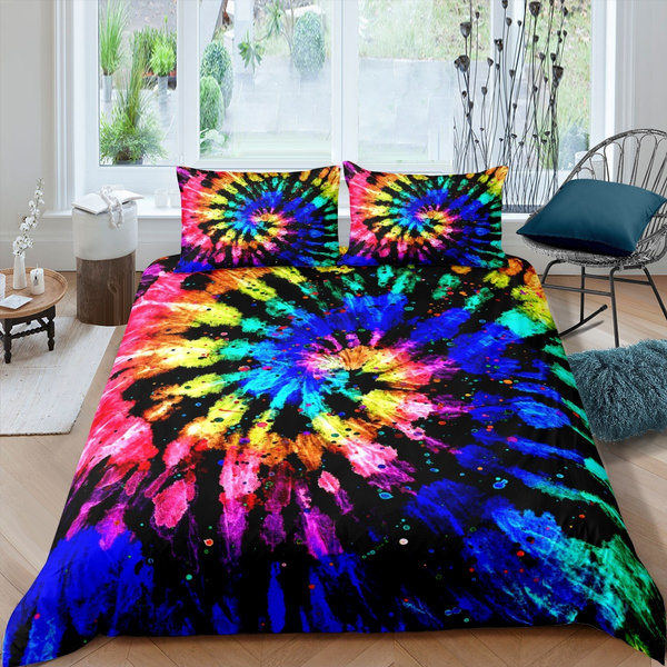 Erosebridal Tie Dye Sheet Set Rainbow Tie Dye Bedding Set for Kids Girls Women Render Wavy Fitted Sheet Abstract Swirl Curve Bed Cover Bedroom Decor with 1 Pillow Cases Twin Size Purple Blue