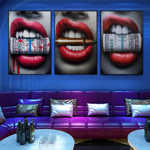 Wall Art Painting Y Canvas Red Lips Bite Bullet Money Home Decor Frameless Wish - Bullet Home Decor