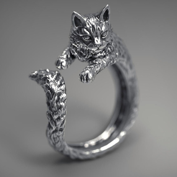 Genuine Sterling Silver Black Cat Cute Dainty Stackable Adjustable BOLENVI Ring 