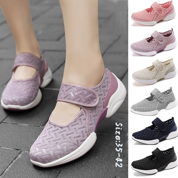 Fashion Women Casual Running Shoes Ladies Lightweight Boat Shoes Velcro Shoes Breathable Mesh Fabric Soft Sneakers Loafers Comfortable Walking Shoes