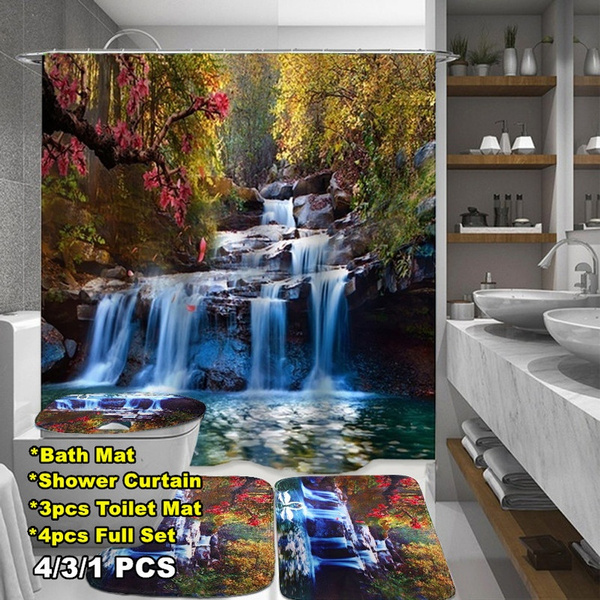 Bathroom Shower Curtain Waterfall Non-slip Bath Mat Set Lid Toilet 3D Waterfall