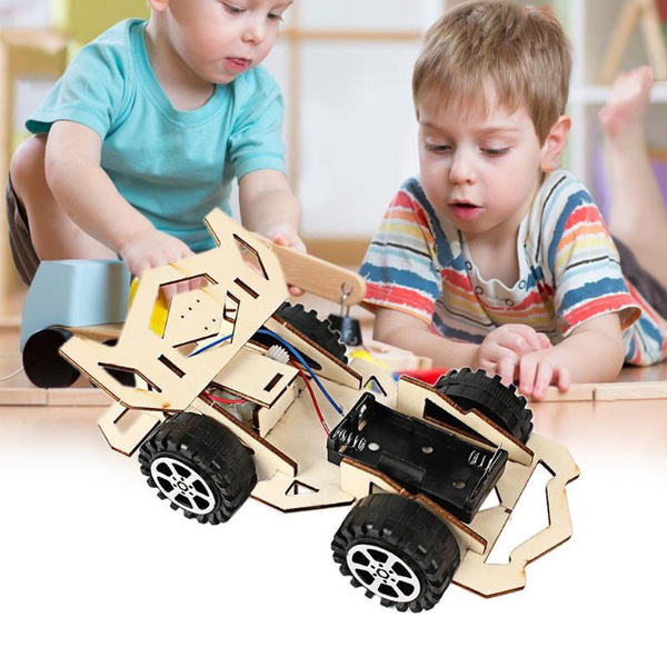 Mini Model Early Learning Toy Electric Wood Racing Car Assembled