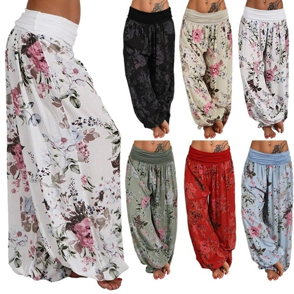 Loose Print Palazzo Pants for Women Wide Leg Drawstring Waist Long Trousers  | eBay