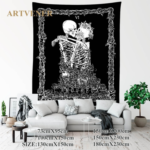 images The Lovers Skeleton Tapestry skull tapestry the kissing lovers tapestry black tarot tapestry art human skeleton tapestry wall hanging decor for living room wish
