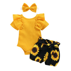 kids, girlsummeroutfitset, sunflowerprintedclothe, babythreepiecesclothingset