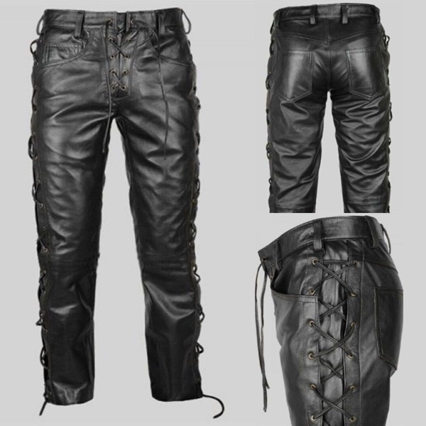 Men Lace-up Ambition Punk Rock Style Leather Pants Black Steampunk ...