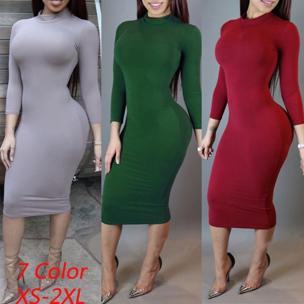 Long Sleeve Midi Dress, High Neck Slim Casual Every Day Dress, Women's  Clothing