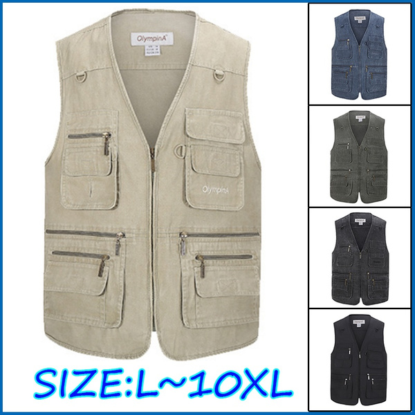 Fishing Vest Male with Many Pockets Men Sleeveless Jacket Blue Waistcoat  Work Vests Outdoors Vest Plus Large Size 10XL