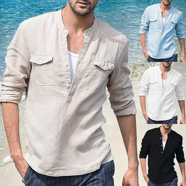 Men's Casual Long Sleeved Linen Shirt Solid Color Casual V-neck Cotton ...