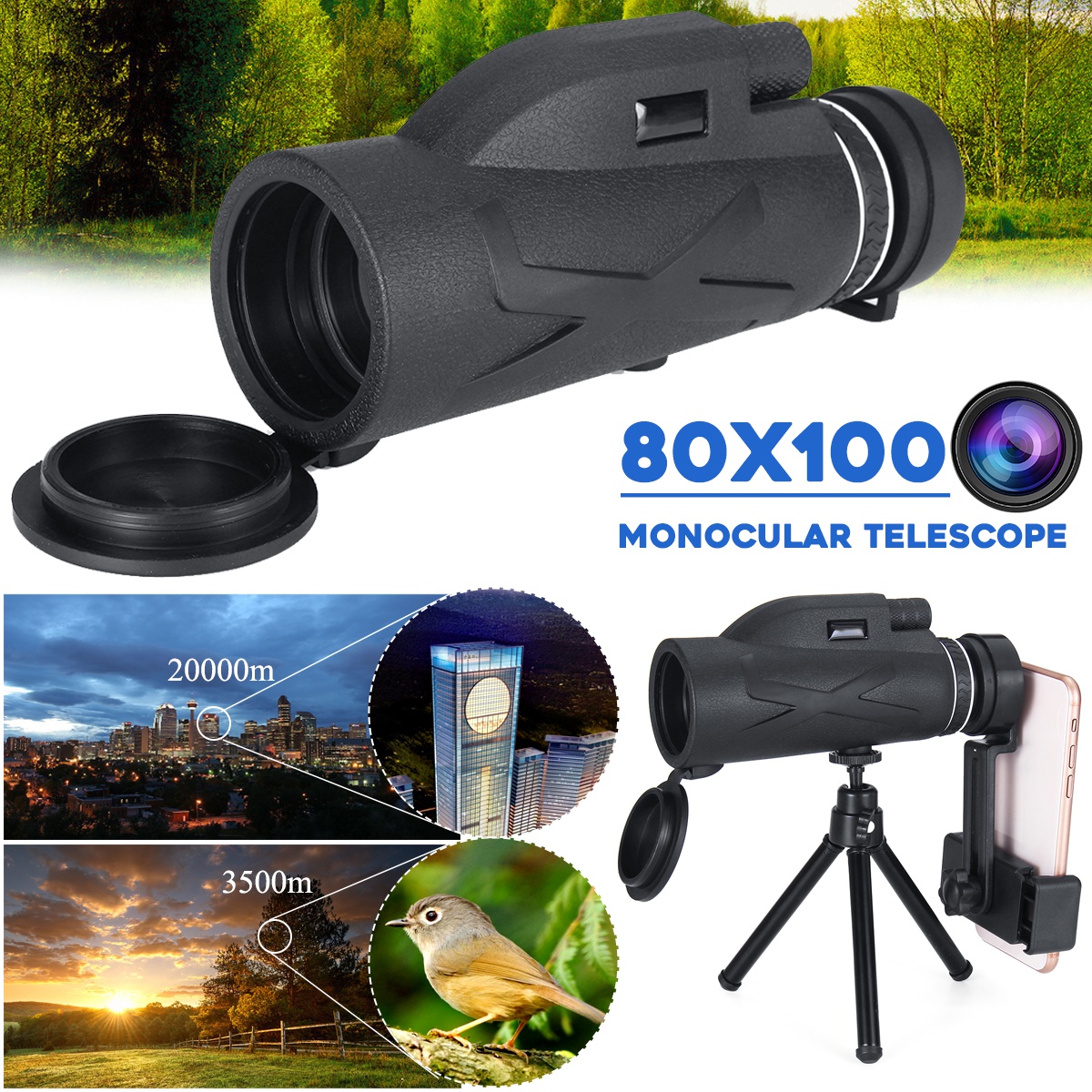 100X Nigh Vision BAK4 Prism HD Zoom Monocular Waterproof Telescope with Tripod For Outdoor Travel Hiking