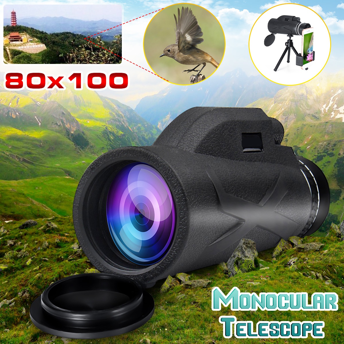 100X Nigh Vision BAK4 Prism HD Zoom Monocular Waterproof Telescope with Tripod For Outdoor Travel Hiking