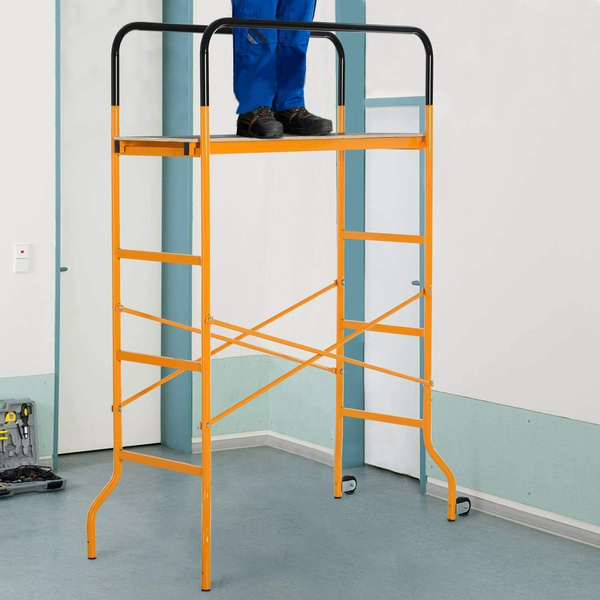 Steel Scaffold Work Platform 4-Step Ladder Indoor Decoration w/2 Wheels 