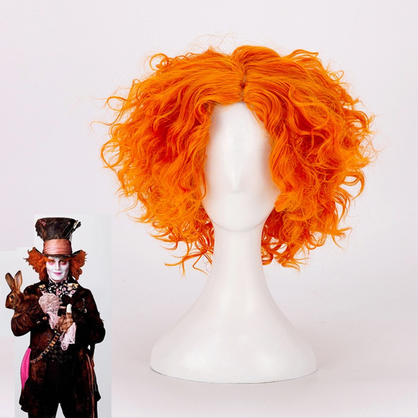 Anime Mad Hatter Cosplay Wigs Tarrant Hightopp Orange Short Curly Heat Resistant Synthetic Hair Wig Wig Cap