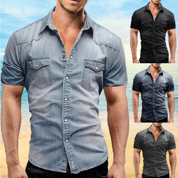 Amazon.com: Kelsiop Cotton Men's Denim Shirt Double Pocket Solid Color  Casual Denim Shirt Autumn Slim Shirt Blue : Clothing, Shoes & Jewelry