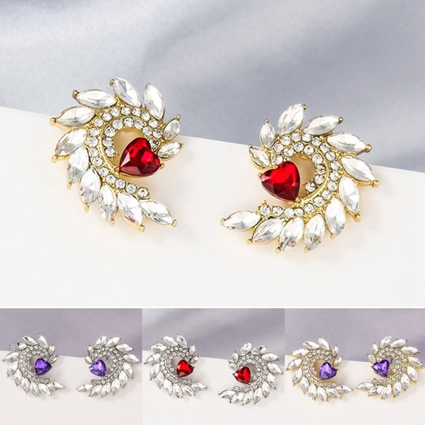 1 Pair Sweet Rhinestone Red Heart Diamond Earrings For Women Hollow ...