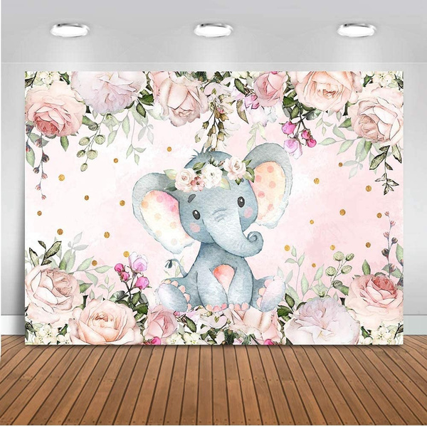 Mocsicka Elephant Baby Shower Backdrop Gender Reveal Cute Elephant Floral Photo Booth Backdrops Elephant Birthday For Girl Photography Background Wish