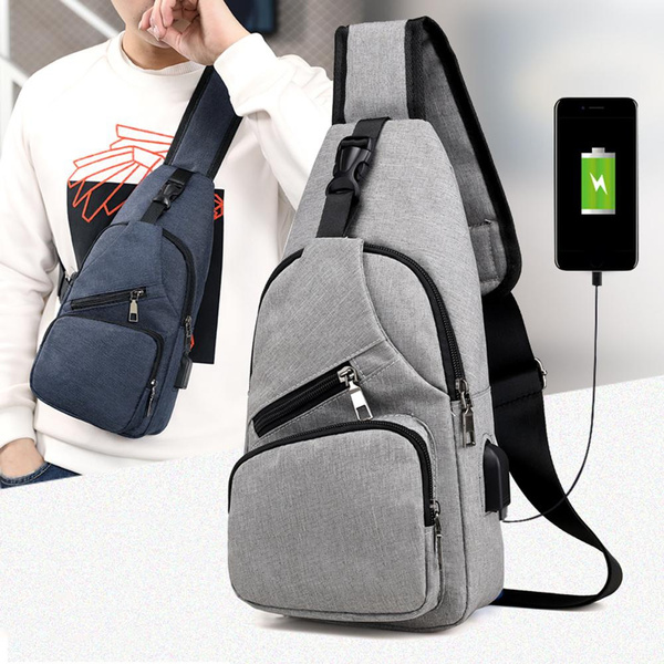 Mens Shoulder Bag Sling Chest Pack USB Charging Sports Casual Crossbody Handbag 