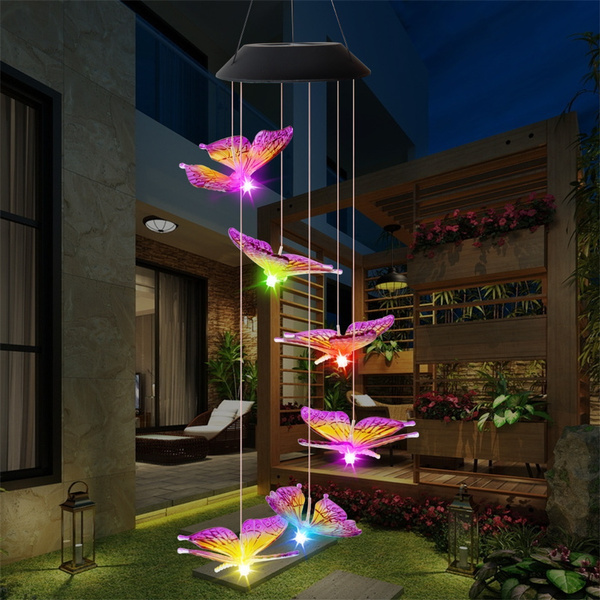 Solar Mobile Led Light Color Changing Wind Chimes Bells Butterfly 